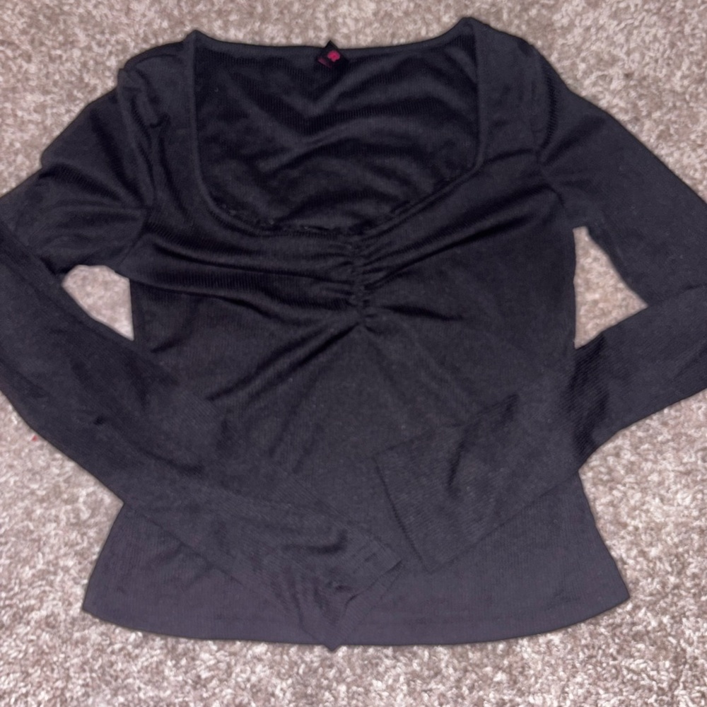 ROMWE Black Ruched Long Sleeve Blouse